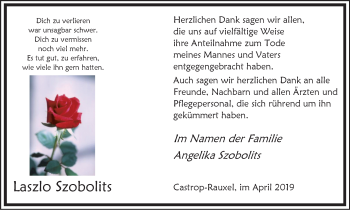 Traueranzeige von Laszlo Szobolits von Stadtanz.Castrop-Rauxel