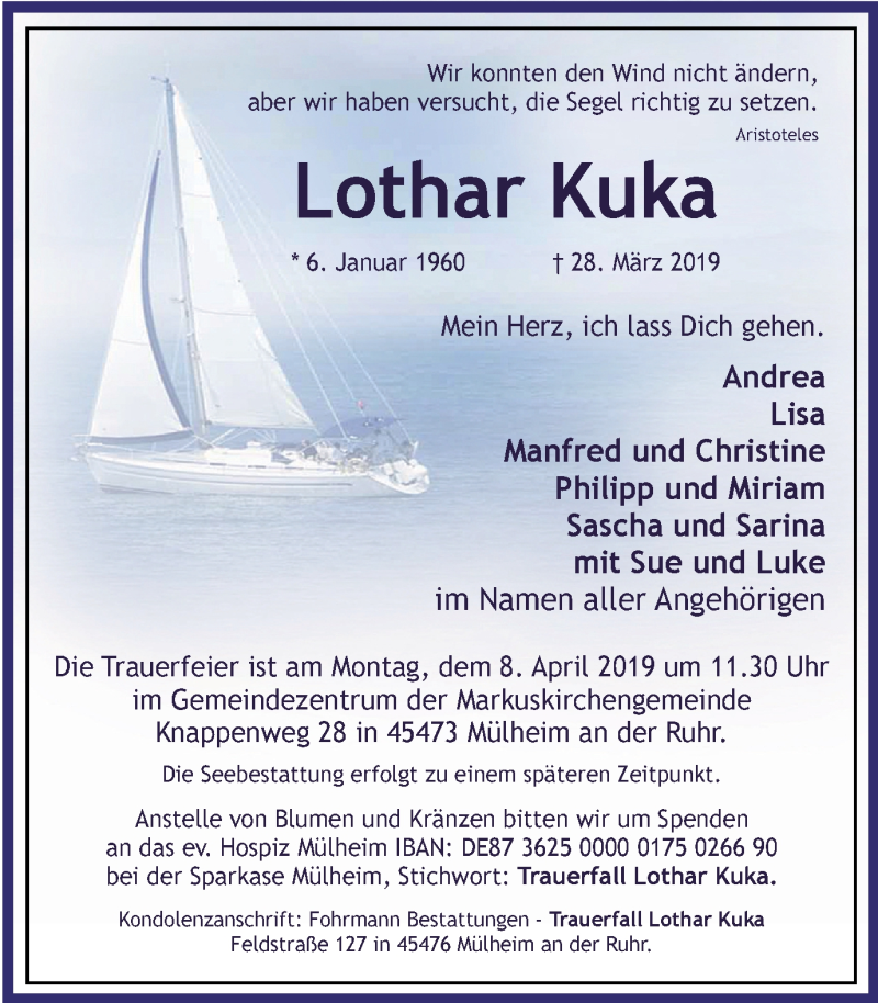 Traueranzeige für Lothar Kuka vom 06.04.2019 aus Mülheimer Woche