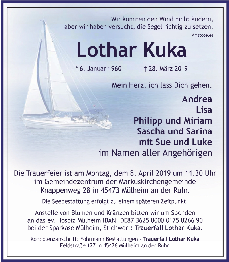  Traueranzeige für Lothar Kuka vom 03.04.2019 aus Mülheimer Woche