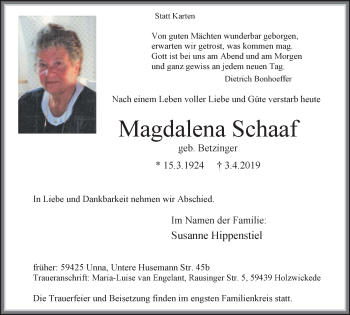 Traueranzeige von Magdalena Schaaf von Stadtspiegel Menden + Froendenberg
