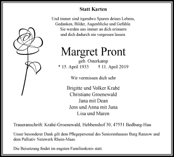 Traueranzeige von Margret Pront von Klever Wochenblatt
