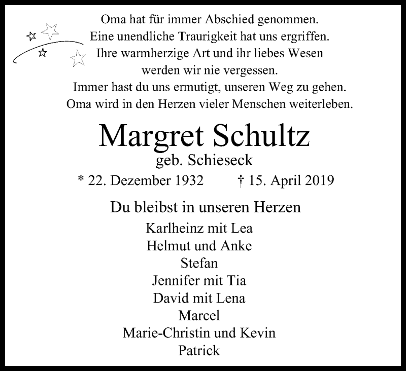  Traueranzeige für Margret Schultz vom 24.04.2019 aus Mülheimer Woche