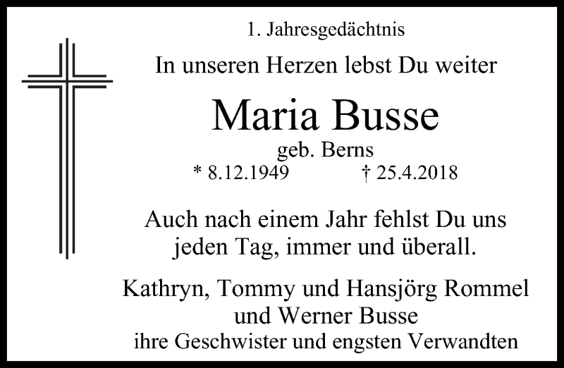  Traueranzeige für Maria Busse vom 24.04.2019 aus Stadtspiegel Gelsenkirchen