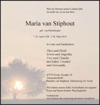 Traueranzeige von Maria van Stiphout von Gocher Wochenblatt