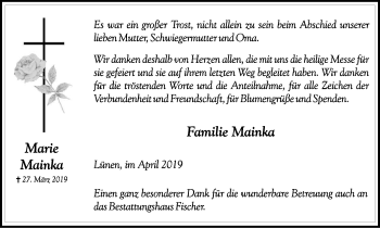 Traueranzeige von Marie Mainka von Lüner Anzeiger