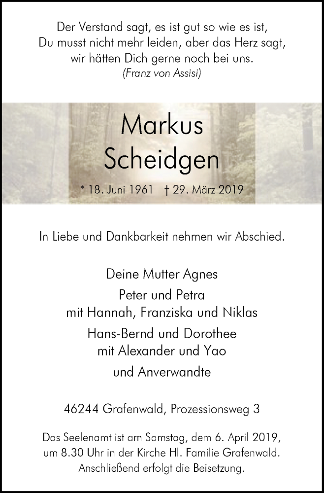  Traueranzeige für Markus Scheidgen vom 03.04.2019 aus Stadtspiegel Bottrop