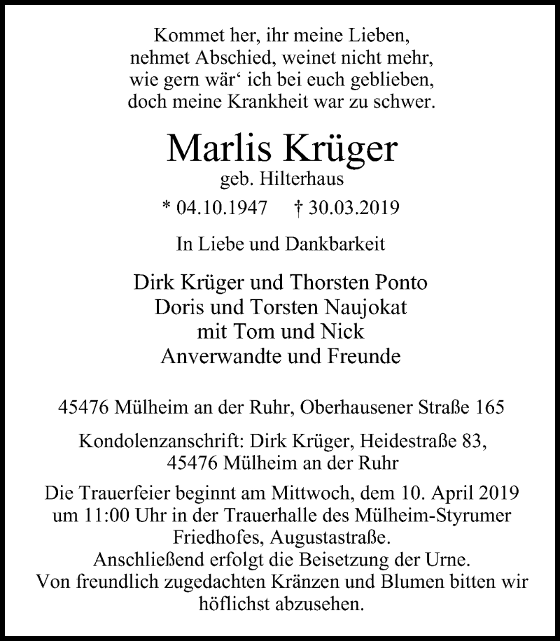  Traueranzeige für Marlis Krüger vom 06.04.2019 aus Mülheimer Woche