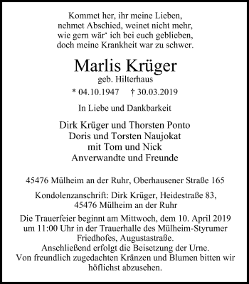 Traueranzeige von Marlis Krüger von Mülheimer Woche