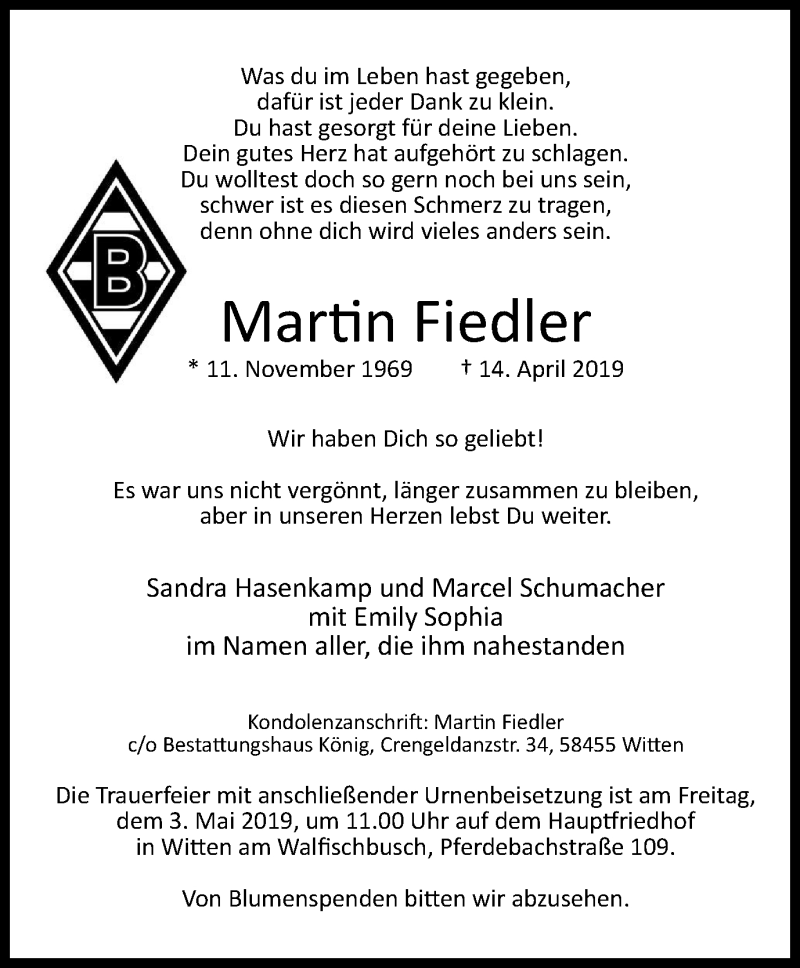  Traueranzeige für Martin Fiedler vom 27.04.2019 aus Witten aktuell