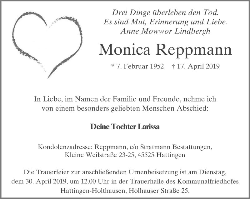  Traueranzeige für Monica Reppmann vom 27.04.2019 aus Stadtspiegel Hattingen/Niedersprockhövel