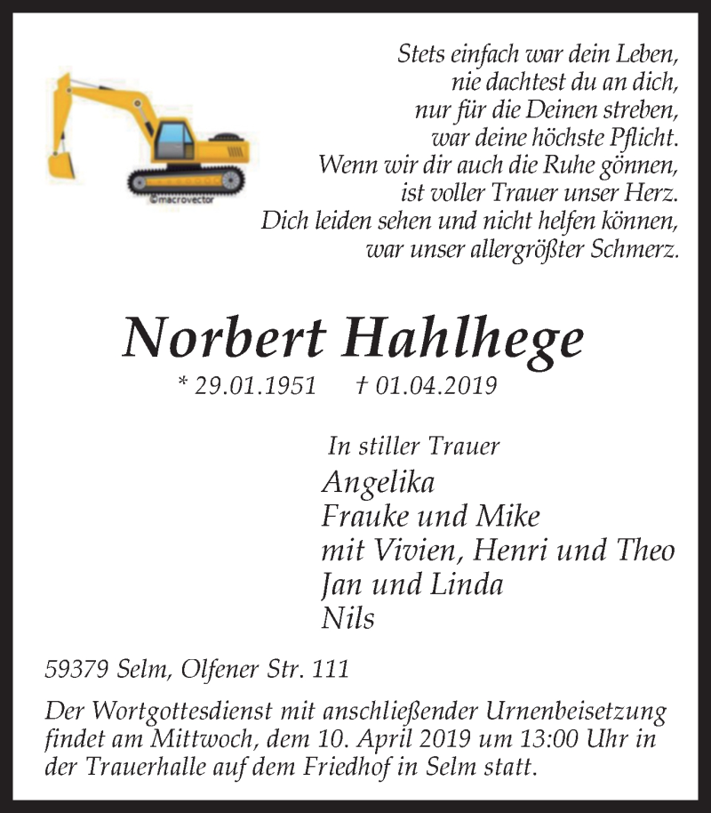  Traueranzeige für Norbert Hahlhege vom 06.04.2019 aus Lüner Anzeiger