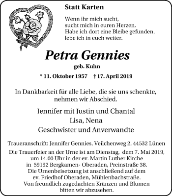 Traueranzeige von Petra Gennies von Stadtspiegel Kamen + Unna