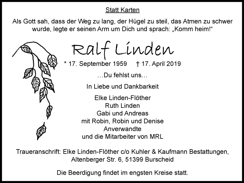  Traueranzeige für Ralf Linden vom 27.04.2019 aus Wochen-Anzeiger Langenfeld/Monheim/Hilden