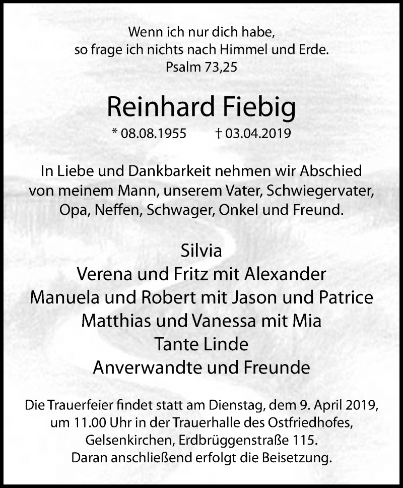  Traueranzeige für Reinhard Fiebig vom 06.04.2019 aus Stadtspiegel Gelsenkirchen