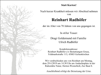 Traueranzeige von Reinhart Radhöfer von Stadtspiegel Gelsenkirchen