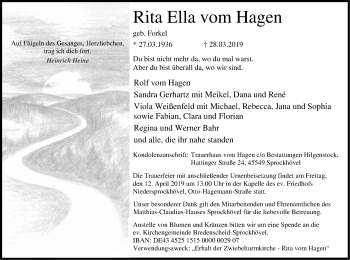 Traueranzeige von Rita Ella vom Hagen von Stadtspiegel Hattingen/Niedersprockhövel