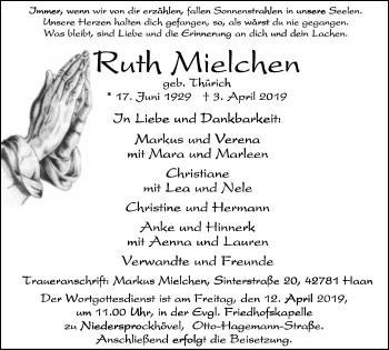 Traueranzeige von Ruth Mielchen von Stadtspiegel Hattingen/Niedersprockhövel