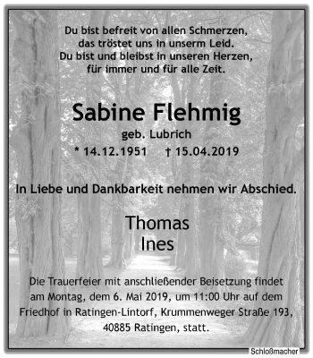 Traueranzeige von Sabine Flehmig von WVW Anzeigenblätter