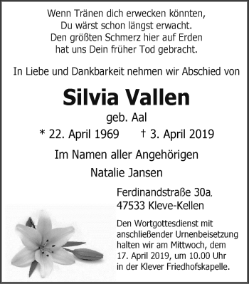Traueranzeige von Silvia Vallen von Klever Wochenblatt