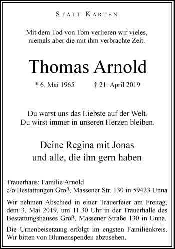 Traueranzeige von Thomas Arnold von Lüner Anzeiger