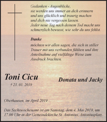 Traueranzeige von Toni Cicu von Wochen-Anzeiger Oberhausen