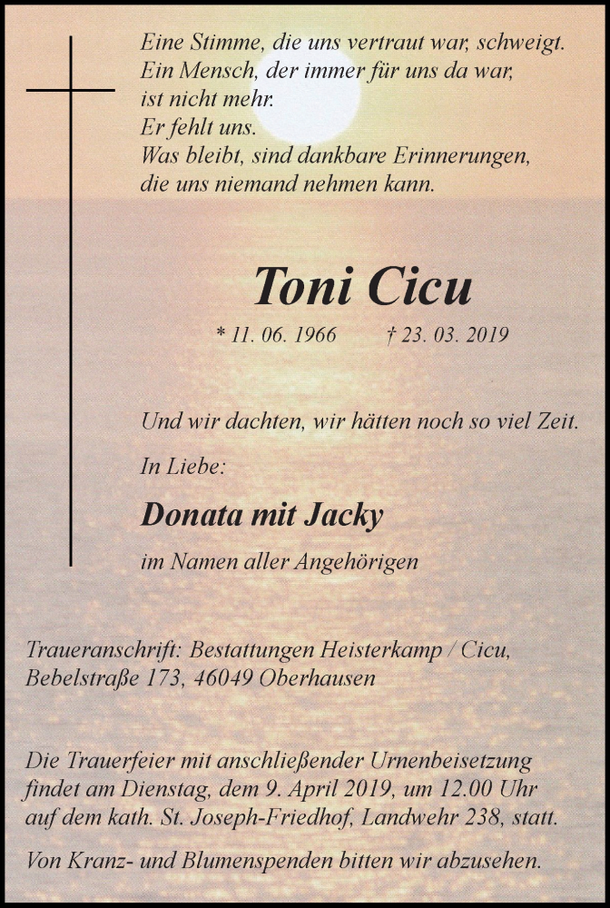  Traueranzeige für Toni Cicu vom 03.04.2019 aus Wochen-Anzeiger Oberhausen