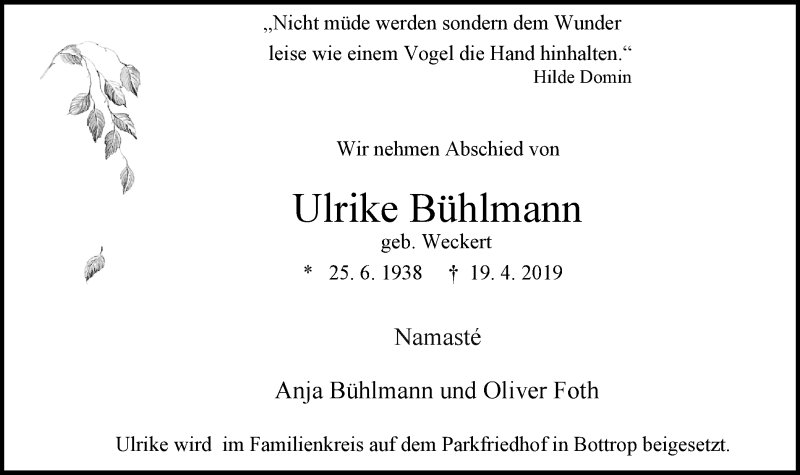  Traueranzeige für Ulrike Bühlmann vom 27.04.2019 aus Stadtspiegel Bottrop