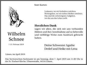 Traueranzeige von Wilhelm Schnee von Lüner Anzeiger