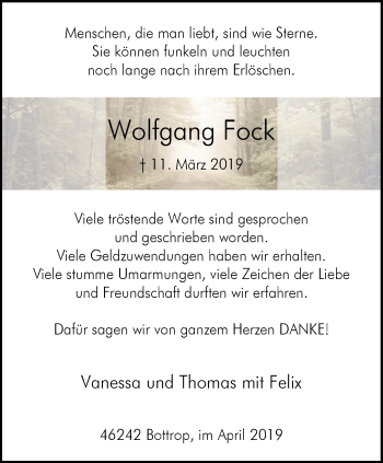 Traueranzeige von Wolfgang Fock von Stadtspiegel Bottrop