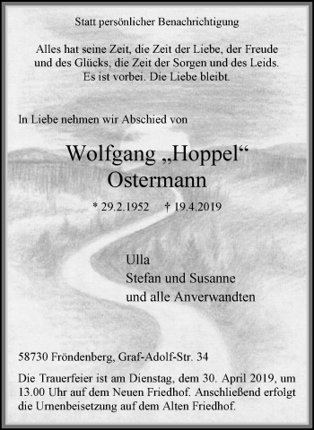 Traueranzeige von Wolfgang Ostermann von Stadtspiegel Menden + Froendenberg