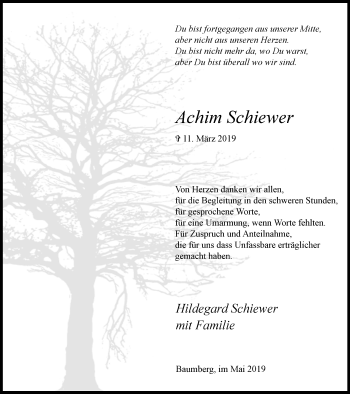 Traueranzeige von Achim Schiewer von Wochen-Anzeiger Langenfeld/Monheim/Hilden