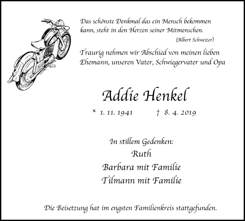 Traueranzeige für Addie Henkel vom 20.04.2019 aus Stadtspiegel Bottrop