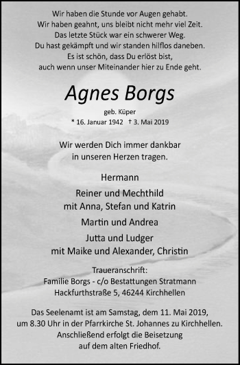 Traueranzeige von Agnes Borgs von Stadtspiegel Bottrop