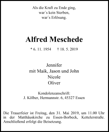 Traueranzeige von Alfred Meschede von Borbeck Kurier