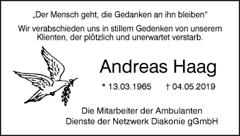 Traueranzeige von Andreas Haag von Stadtspiegel Iserlohn + Hemer