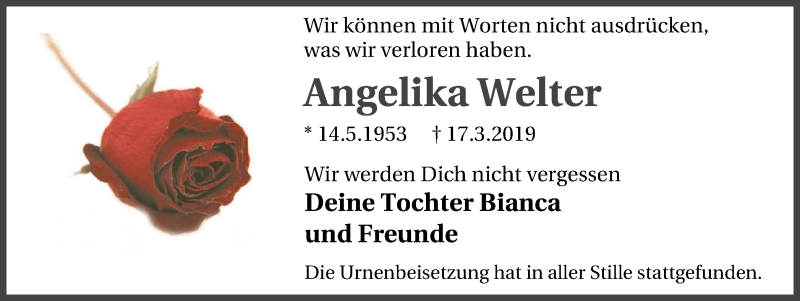  Traueranzeige für Angelika Welter vom 20.04.2019 aus Lüner Anzeiger