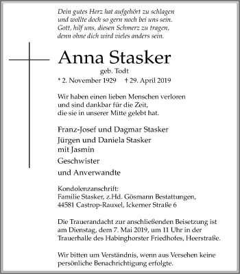 Traueranzeige von Anna Stasker von Stadtanz.Castrop-Rauxel