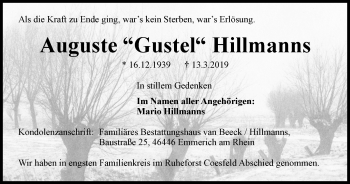 Traueranzeige von Auguste Hillmanns von Stadtanzeiger Emmerich/Rees/Isselburg