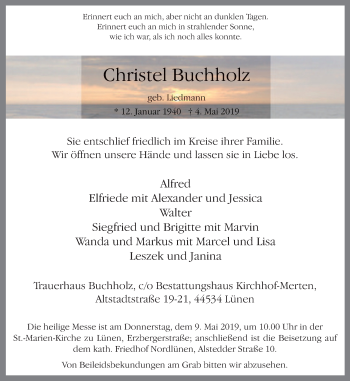 Traueranzeige von Christel Buchholz von Lüner Anzeiger