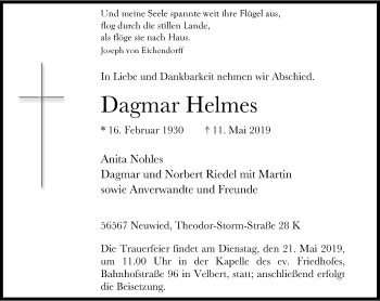 Traueranzeige von Dagmar Helmes von Stadtanzeiger Velbert + Heiligenhaus