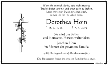 Traueranzeige von Dorothea Hoin von WVW Anzeigenblätter
