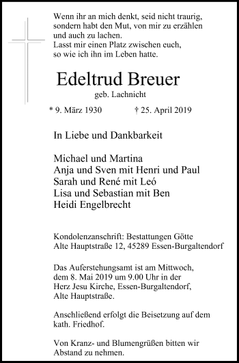 Traueranzeige von Edeltrud Breuer von Ruhr Kurier