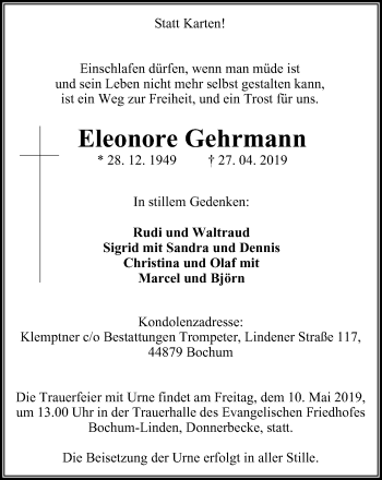 Traueranzeige von Eleonore Gehrmann von Stadtspiegel Bochum
