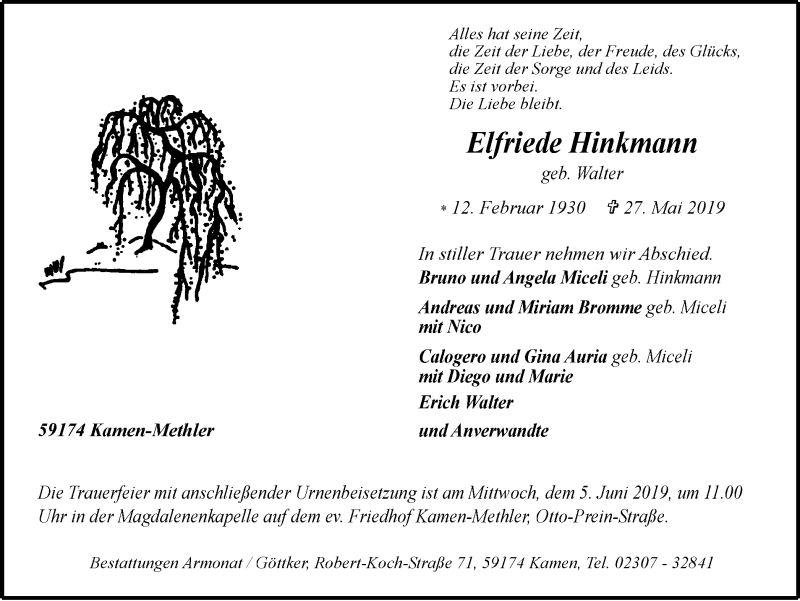 Traueranzeige für Elfriede Hinkmann vom 29.05.2019 aus Stadtspiegel Kamen + Unna