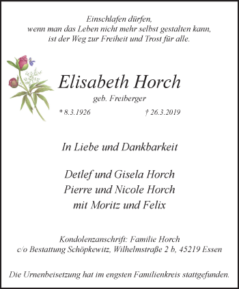 Traueranzeige von Elisabeth Horch von Kettwig Kurier