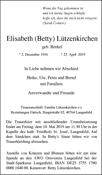 Traueranzeige von Elisabeth Lützenkirchen von Wochen-Anzeiger Langenfeld/Monheim/Hilden
