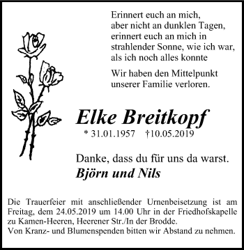 Traueranzeige von Elke Breitkopf von Stadtspiegel Kamen + Unna