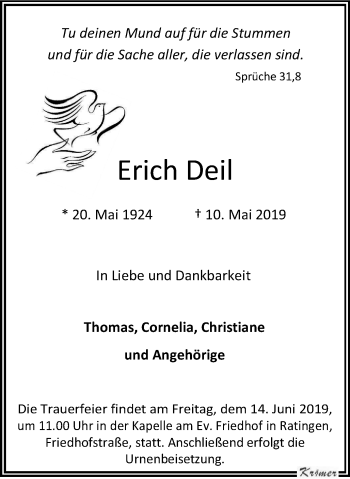 Traueranzeige von Erich Deil von WVW Anzeigenblätter