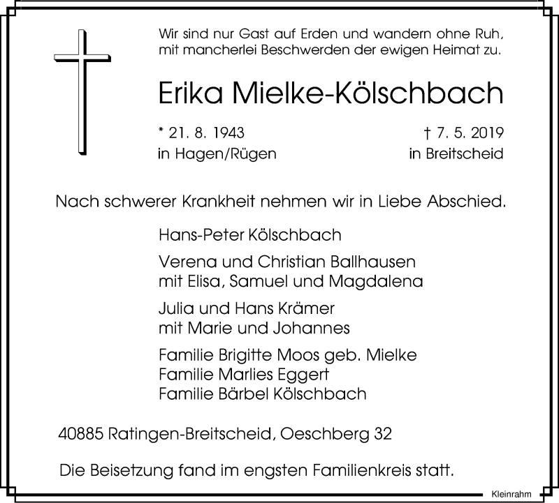  Traueranzeige für Erika Mielke-Kölschbach vom 16.05.2019 aus WVW Anzeigenblätter