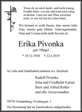 Traueranzeige von Erika Pivonka von Stadtspiegel Menden + Froendenberg